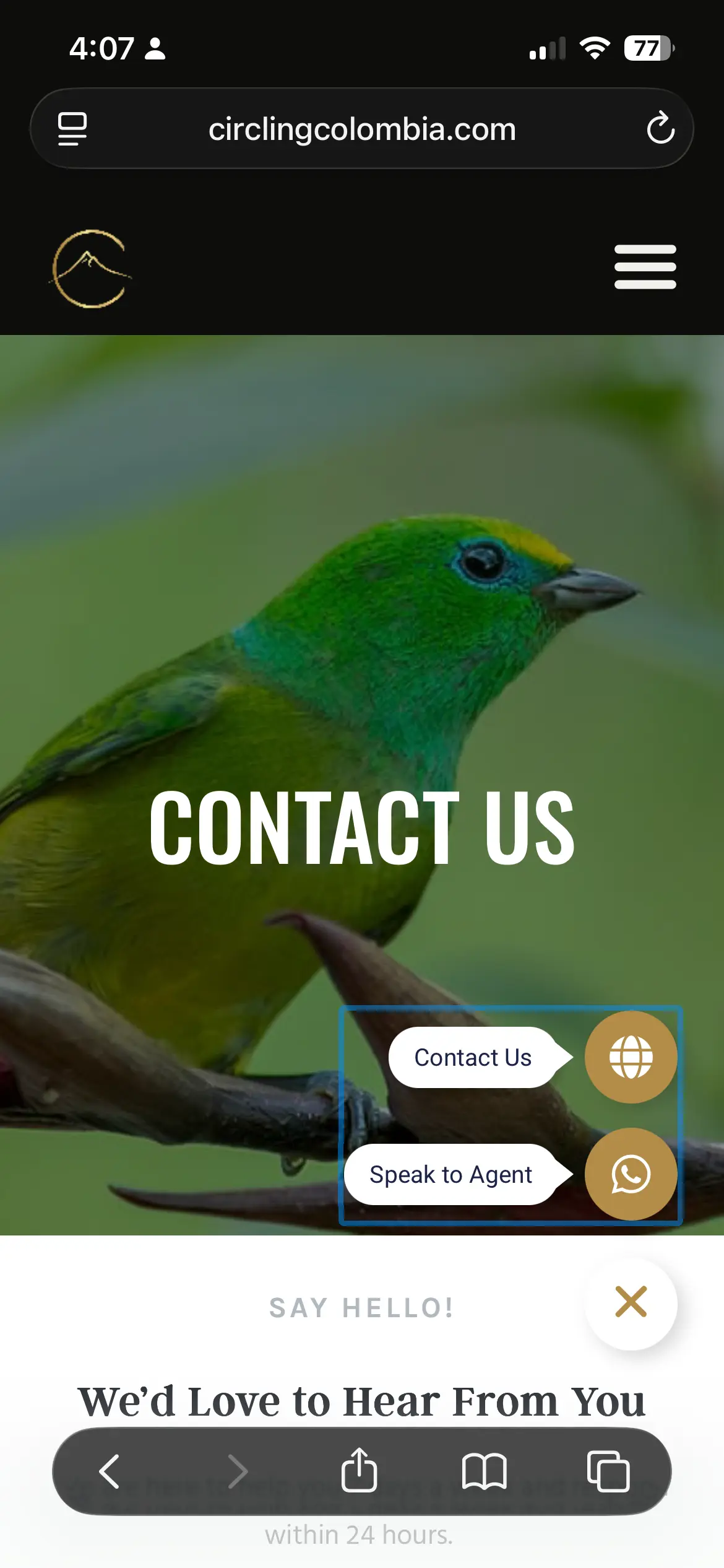 Circling Colombia contact page with inquiry and WhatsApp options