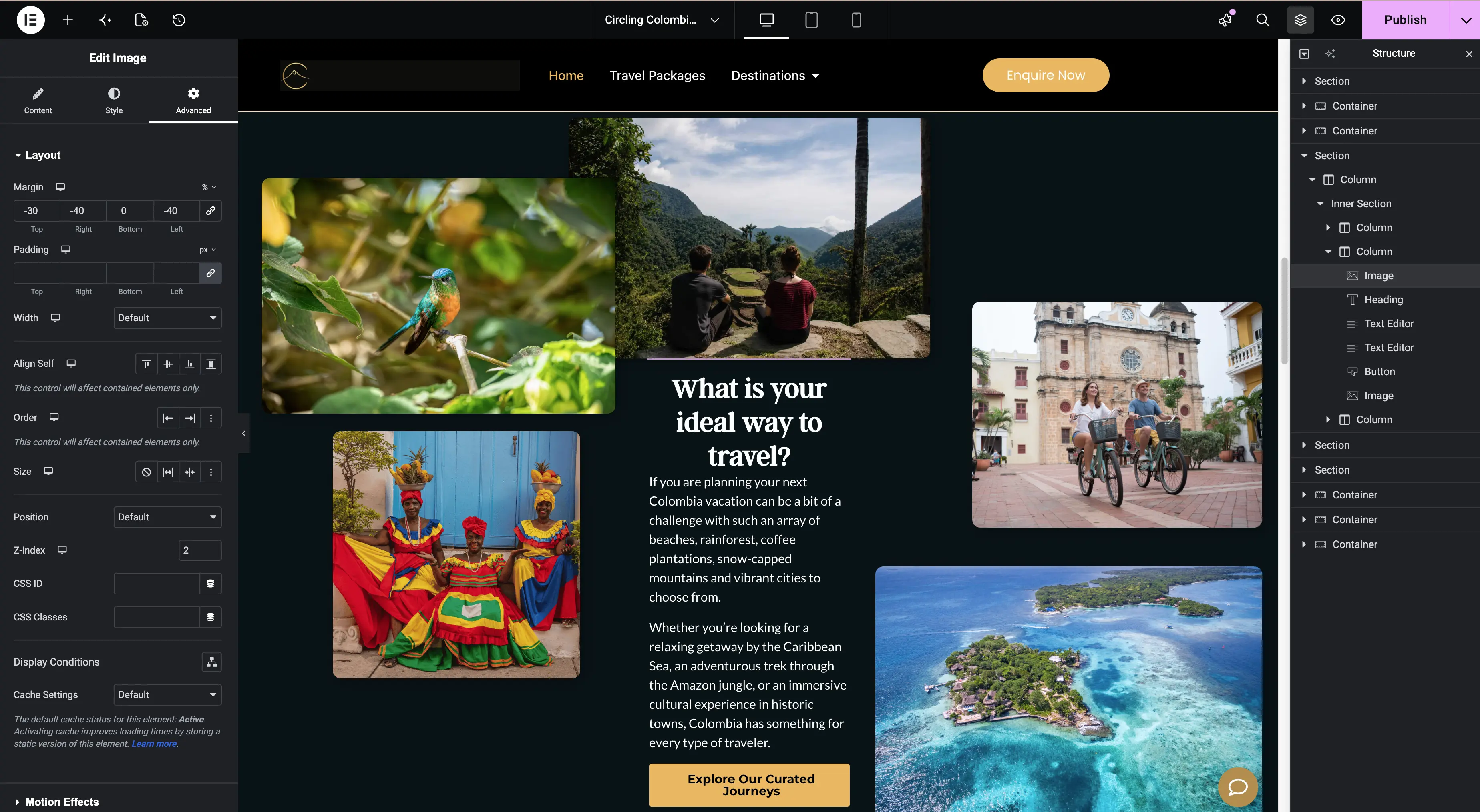 Circling Colombia homepage being constructed in Elementor Pro