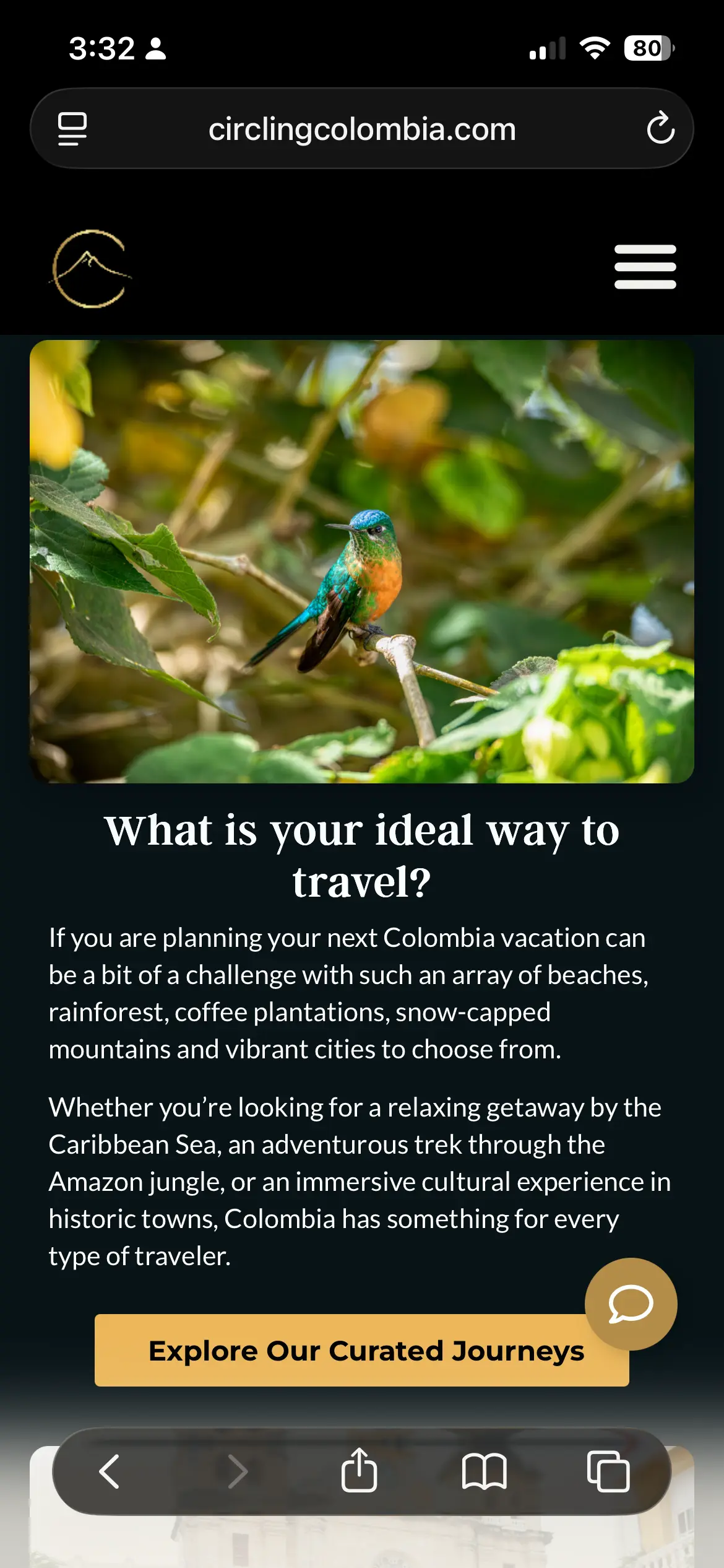 Circling Colombia homepage on a mobile device