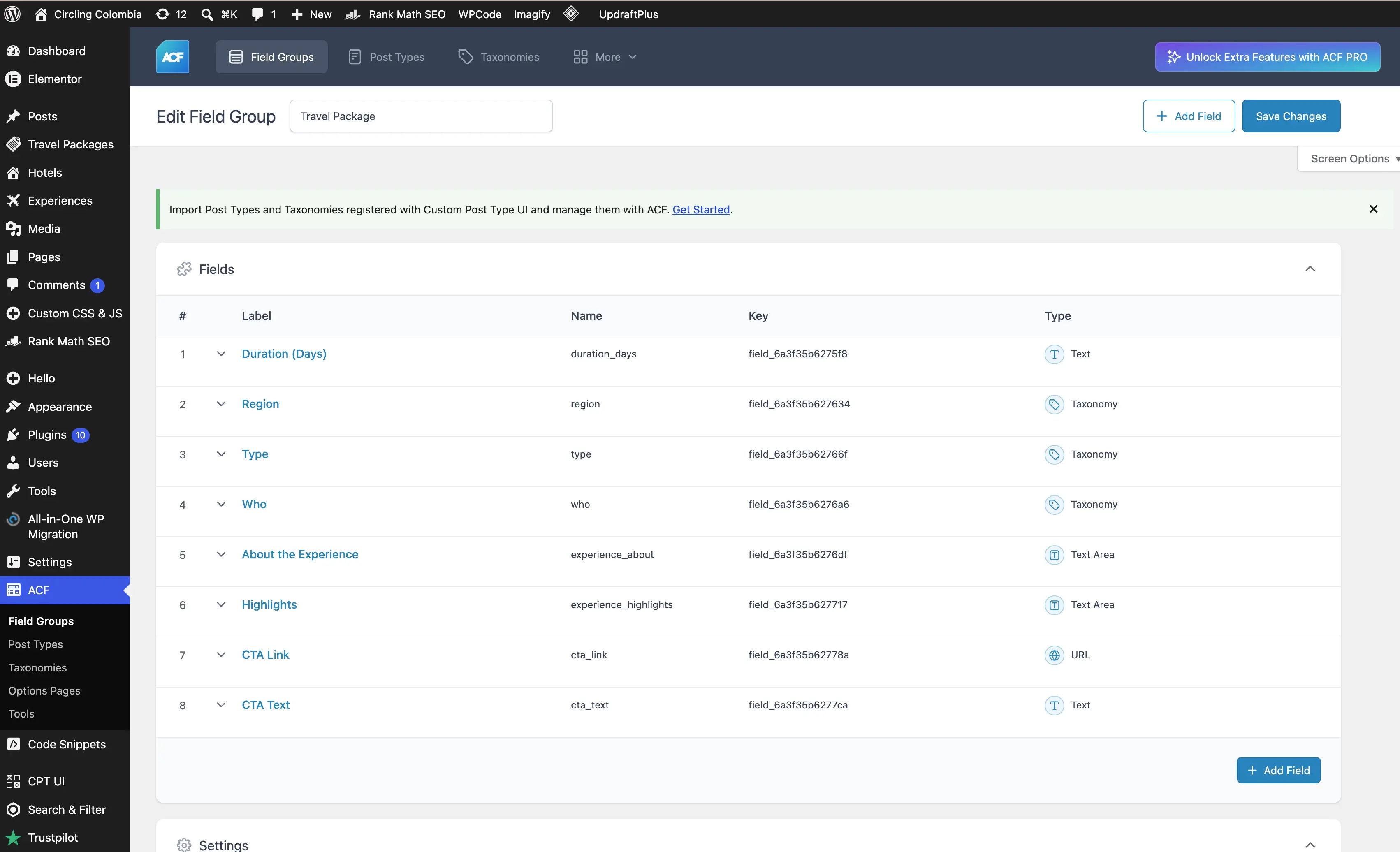 Advanced Custom Fields configuration for Circling Colombia travel packages