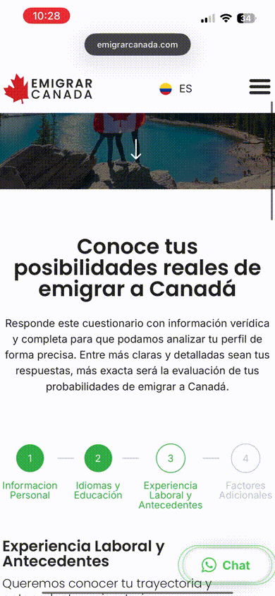 Animated walkthrough of the Emigrar Canada guided evaluation experience