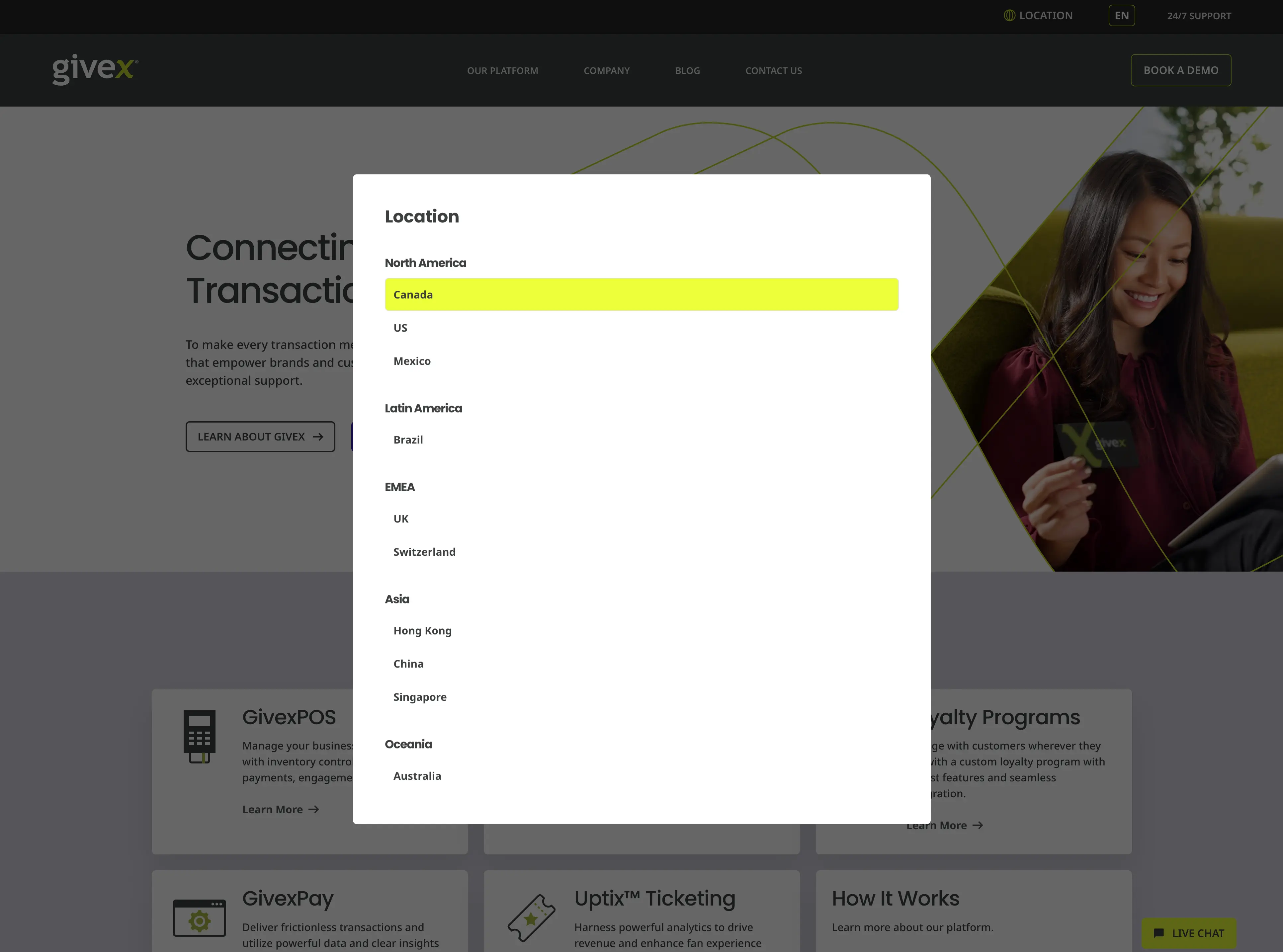 Givex location selector showing the international website regions