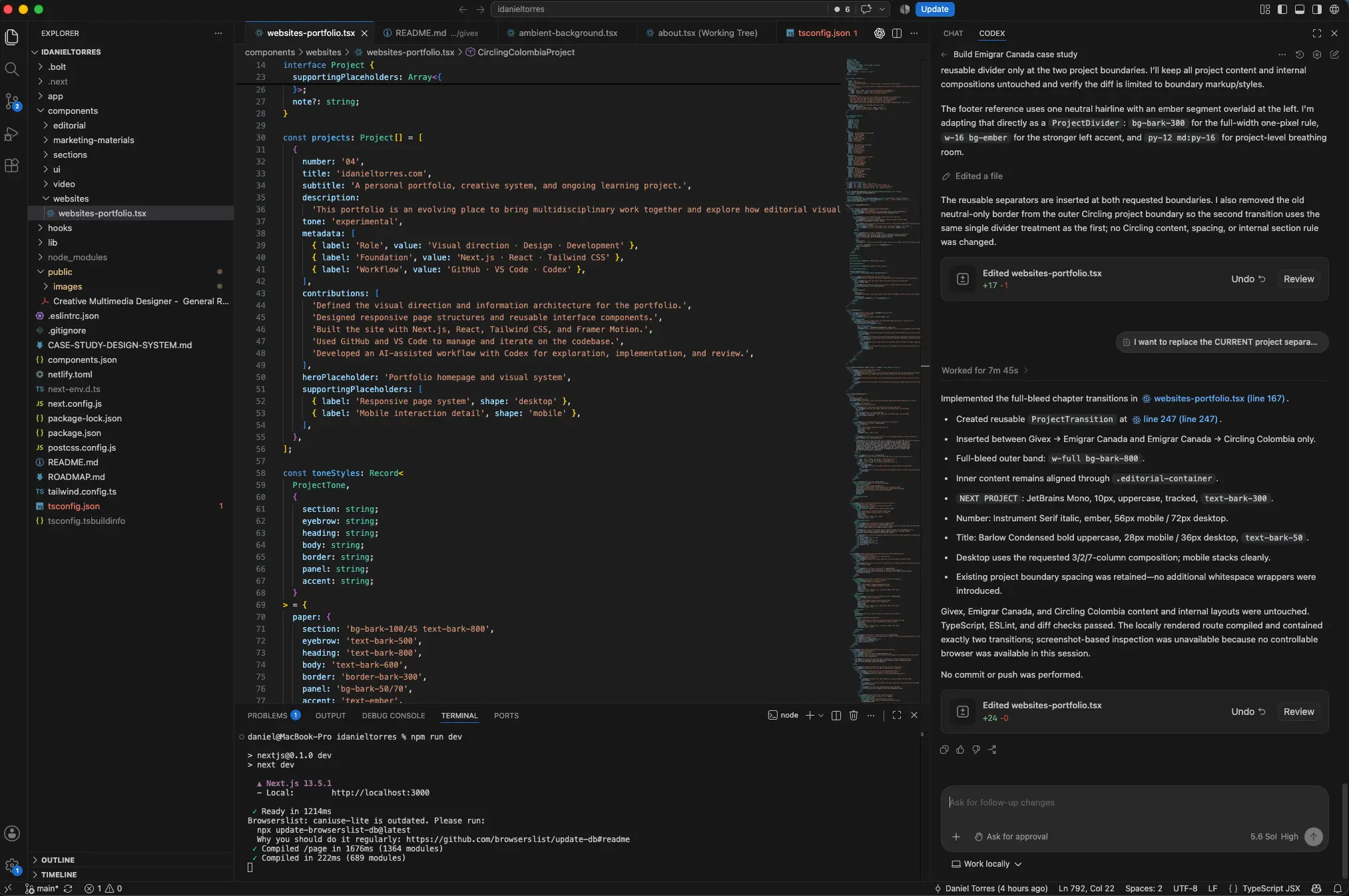 Codex working alongside the portfolio codebase in VS Code
