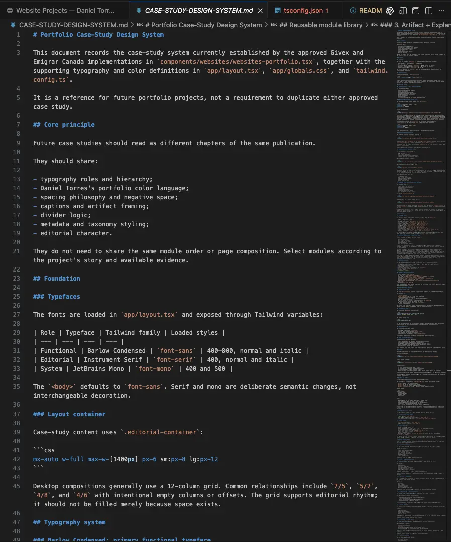 CASE-STUDY-DESIGN-SYSTEM.md open in the portfolio codebase