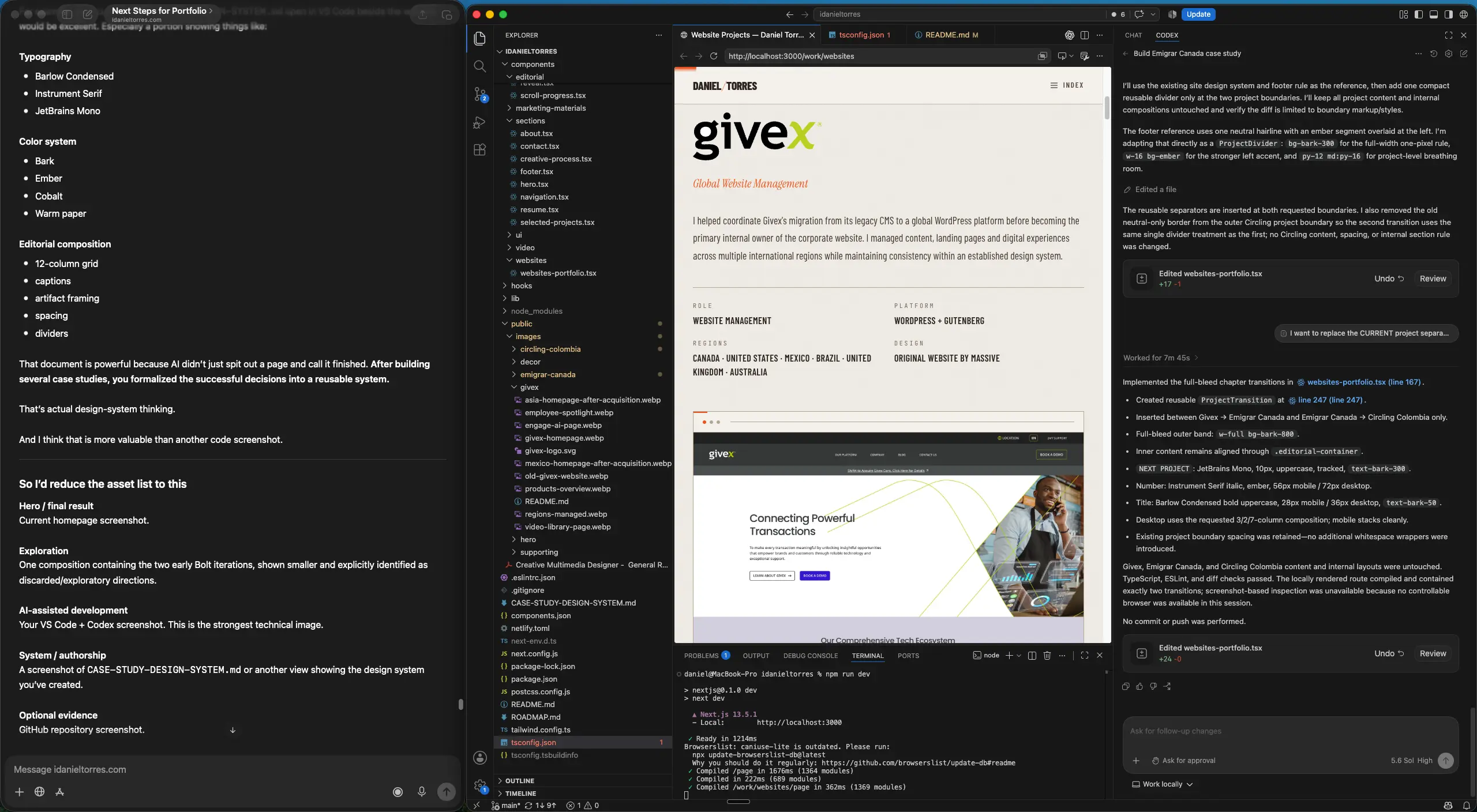 ChatGPT, VS Code, local browser preview and Codex used together during portfolio development